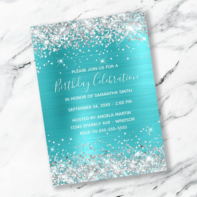Blåfenans födelsedag i silver Glitter Inbjudningar (Skapare uppladdad)