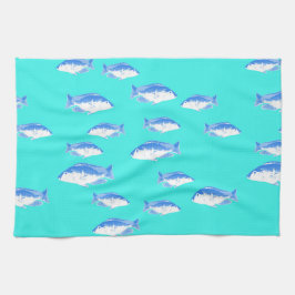 Blåfisk i turkos kökshandduk