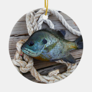 Blåfisk på kaj och rep julgransprydnad keramik