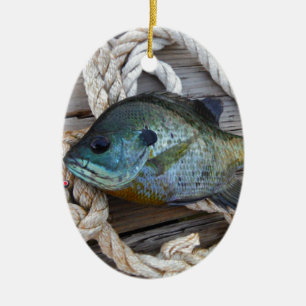 Blåfisk på kaj och rep julgransprydnad keramik
