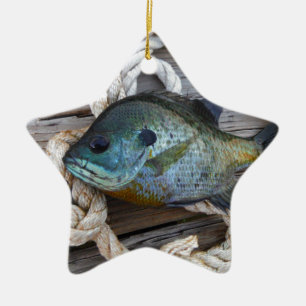 Blåfisk på kaj och rep julgransprydnad keramik