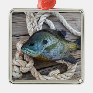 Blåfisk på kaj och rep julgransprydnad metall