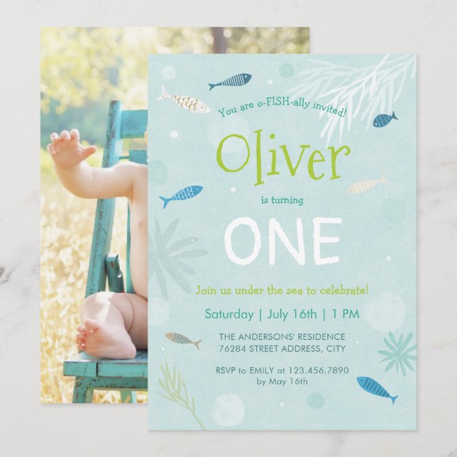 Blåfiskekort Barns födelsedag Party Inbjudningar (Fram/baksida)