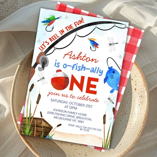 Blåfiskfartyg, ofiskalt en födelsedag inbjudningar (Red Blue Ofishally One 1st Birthday Invitation for Little Boy, Fishing Themed First Birthday Invite)
