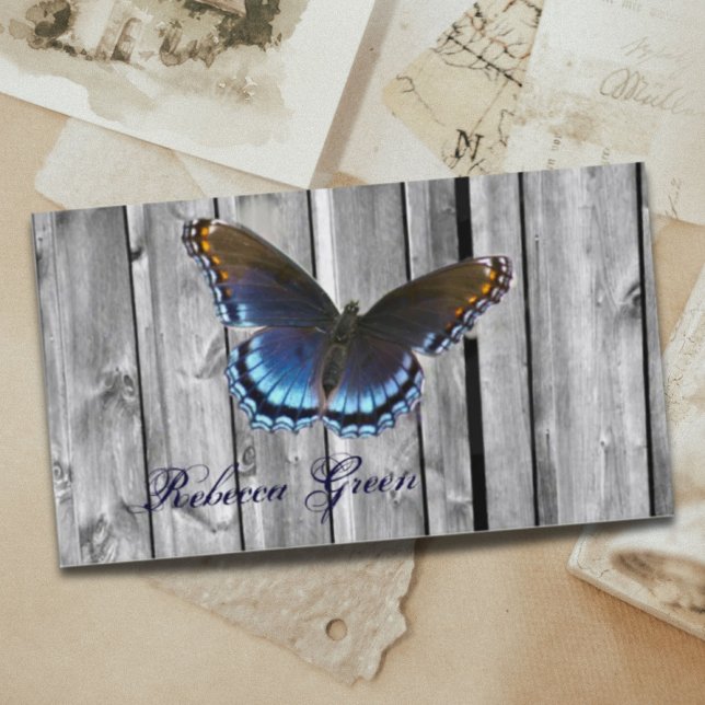 Blåfjäril av trä (elegant) visitkort (elegant country barn wood blue butterfly business card)