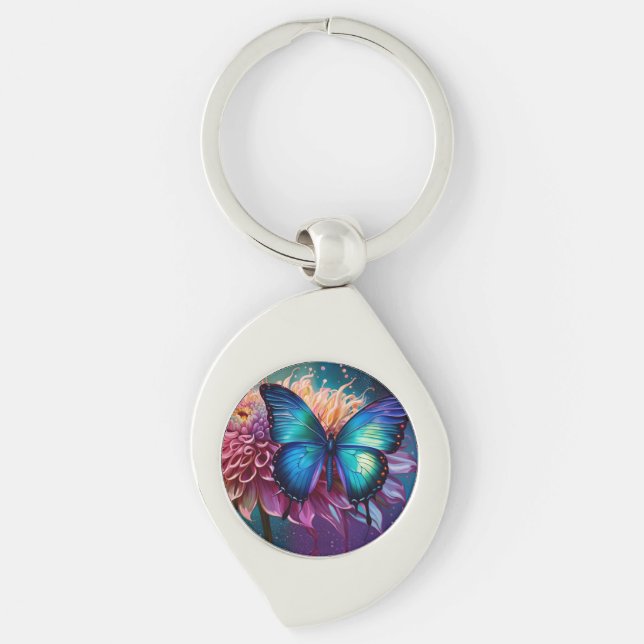 Blåfjäril och Dahlia Swirl Silverfärgad Nyckelring (Framsidan)