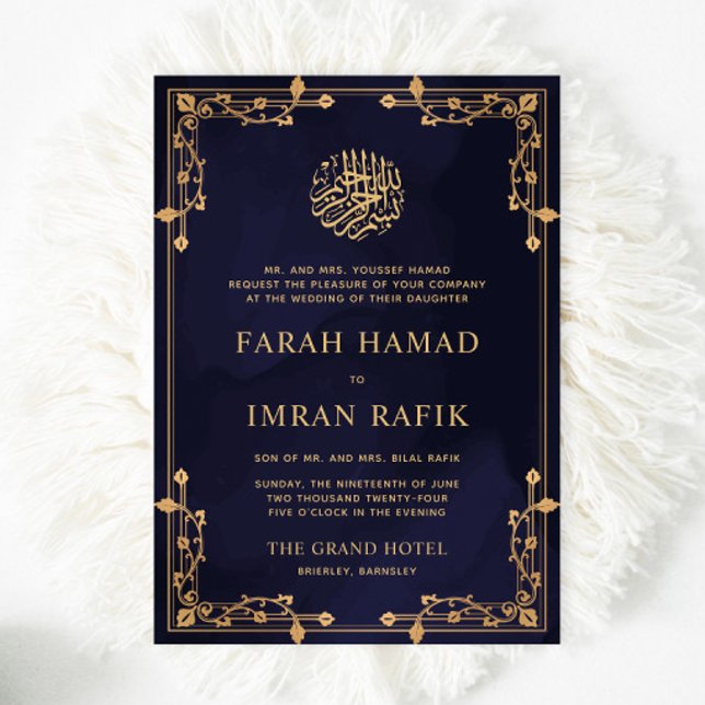 Blåflottan Vintage Guld Gräns Muslim Bröllop Inbjudningar (Skapare uppladdad)