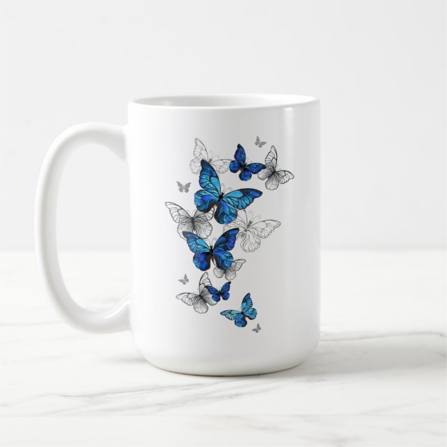 Blåflygande fjärilar Morpho Kaffemugg (Vänster)