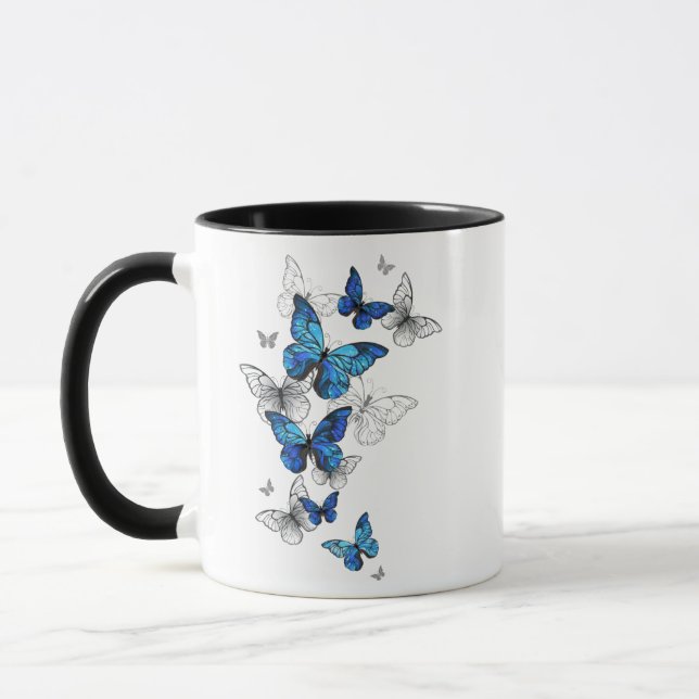 Blåflygande fjärilar Morpho Mugg (Vänster)