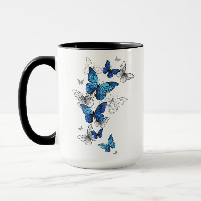 Blåflygande fjärilar Morpho Mugg (Vänster)