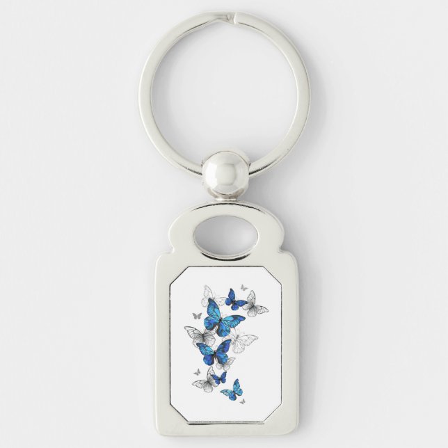 Blåflygande fjärilar Morpho Rektangulärt Silverfärgad Nyckelring (Framsidan)