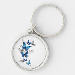 Blåflygande fjärilar Morpho Rund Silverfärgad Nyckelring