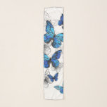 Blåflygande fjärilar Morpho Sjal<br><div class="desc">Flygande blå Butterflies morpho och vita fjärilar på en ljus abstrakt bakgrund. Morpho. Design med blå fjärilar morfin.</div>