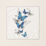 Blåflygande fjärilar Morpho Sjal<br><div class="desc">Flygande blå Butterflies morpho och vita fjärilar på en ljus abstrakt bakgrund. Morpho. Design med blå fjärilar morfin.</div>