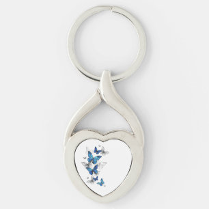 Blåflygande fjärilar Morpho Twisted Heart Silverfärgad Nyckelring