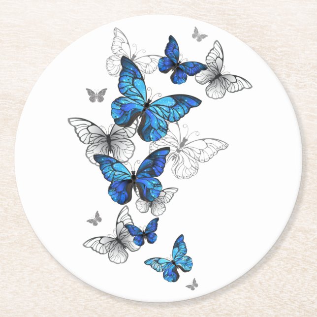 Blåflygande fjärilar Morpho Underlägg Papper Rund (Framsidan)