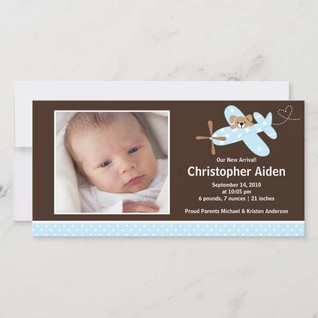 Blåflygplanet Pojke Birth Annouement Meddelande (Framsida)