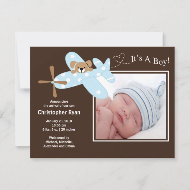 Blåflygplanet Pojke Birth Annouement Meddelande (Framsida)