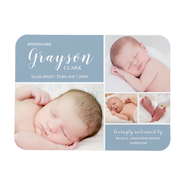 Blåfoto Collage Pojke Birth Notice Magnet (Horisontell)