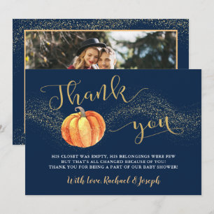 Blåfoto för babyfoto i guld Glitter Pumpkin Navy N Tack Kort