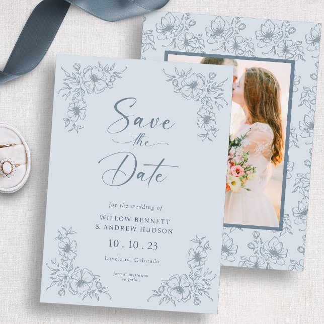 Blåfoto för Blommigt Spara datum Datumet (Blue Floral Photo Save The Date
)