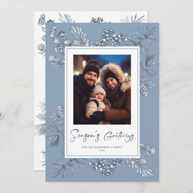 Blåfoto för botaniska julgranar julkort (Fram/baksida)