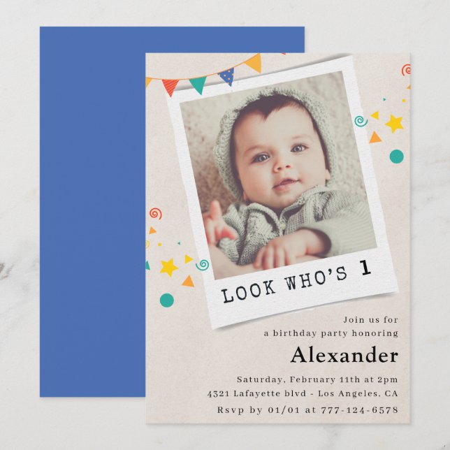 Blåfoto för enkla första födelsedagsinbjudningar inbjudningar (Fram/baksida)