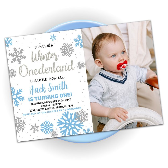 Blåfoto för kallelse till hönsgården inbjudningar (Winter Onederland Birthday Invitations Blue Photo)