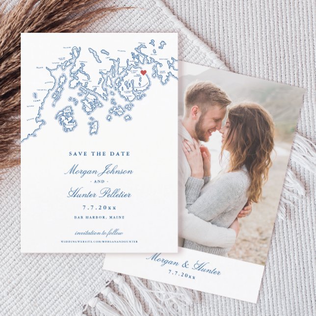 Blåfoto för pub Harbour Maine Karta Spara Datumet (Bar Harbor Maine Map Elegant 5x7 Photo Save the Date in navy blue from Penobscot Bay Shop)