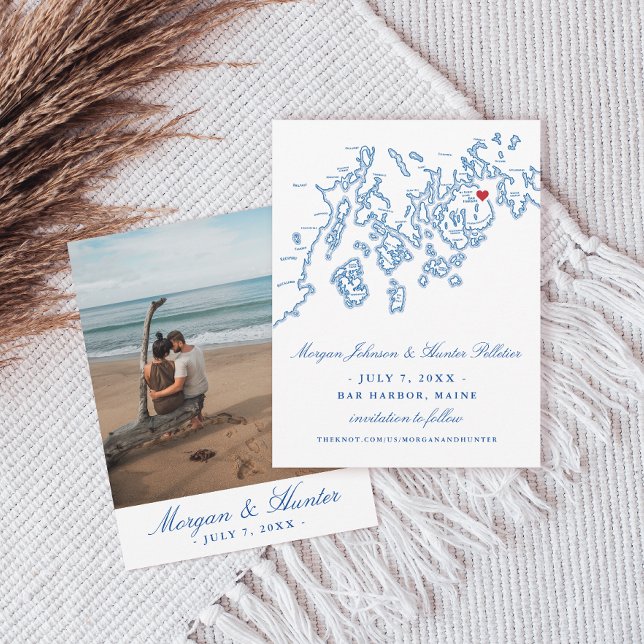 Blåfoto för pub Harbour Maine Karta Spara Datumet (Bar Harbor Maine Map Elegant Small Photo Save the Date in navy blue from Penobscot Bay Shop)