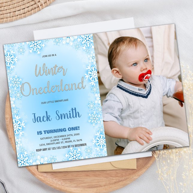 Blåfoto för Vinter ONEderland Birthday-inbjudninga Inbjudningar (Winter ONEderland Birthday Invitations Blue Photo)