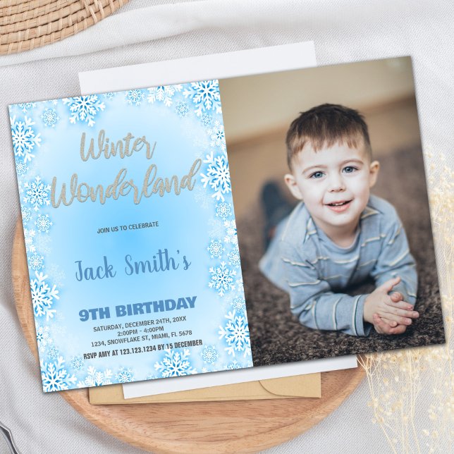 Blåfoto för Vinter Wonderland Birthday-inbjudninga Inbjudningar (Winter Wonderland Birthday Invitations Blue photo)