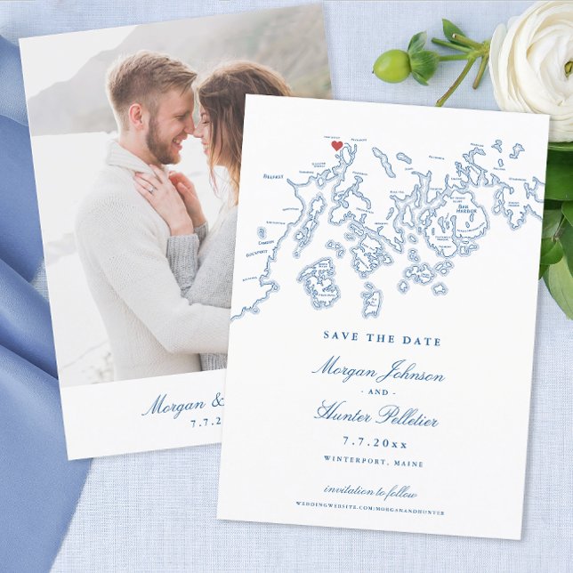 Blåfoto för Winterport Maine Karta Spara Datumet (Winterport Maine Wedding Save the Date with Photo in elegant navy blue from Coastal Map Designs)