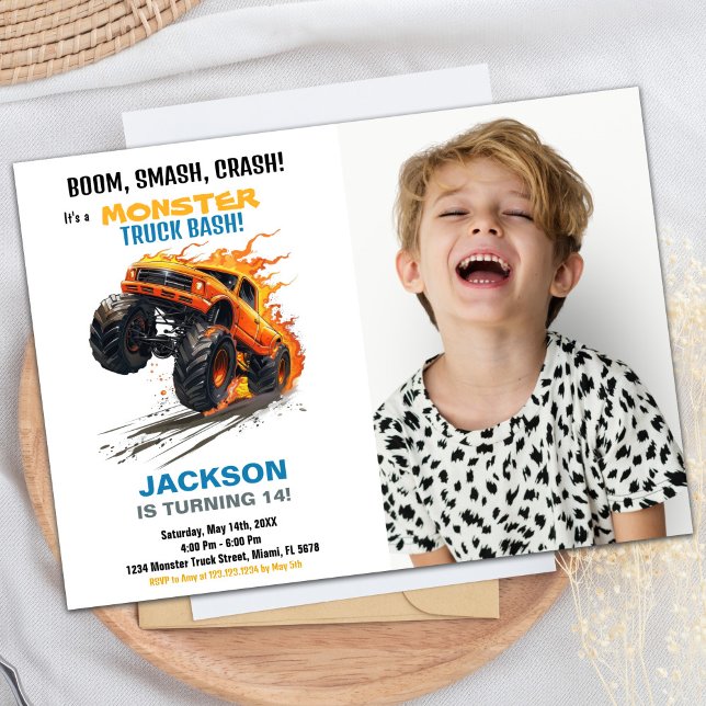 Blåfoto från Monster Lastbil födelsedag Inbjudningar (Monster Truck Birthday Invitations Blue Photo)