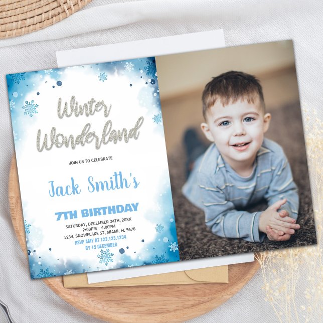 Blåfoto från vinterunderland inbjudningar (Winter Wonderland Birthday Invitations Blue Photo)