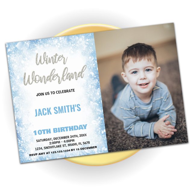 Blåfoto från vinterunderland inbjudningar (Winter Wonderland Birthday Invitations Blue Photo)