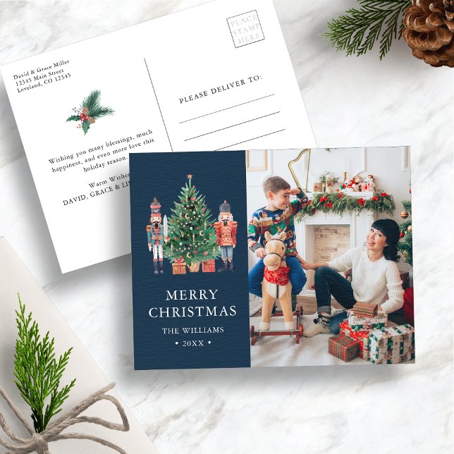 Blåfoto i flottan helg vykort (Navy Blue Nutcracker Christmas Photo Holiday Postcard
)