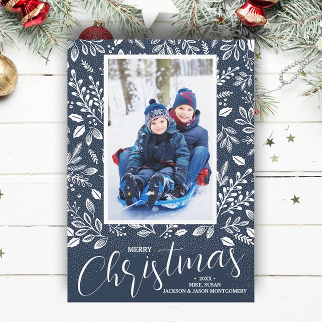 Blåfoto i god jul julkort (White botanicals on navy blue Merry Christmas photo holiday cards, PRINTED and/or INSTANT DOWNLOAD)