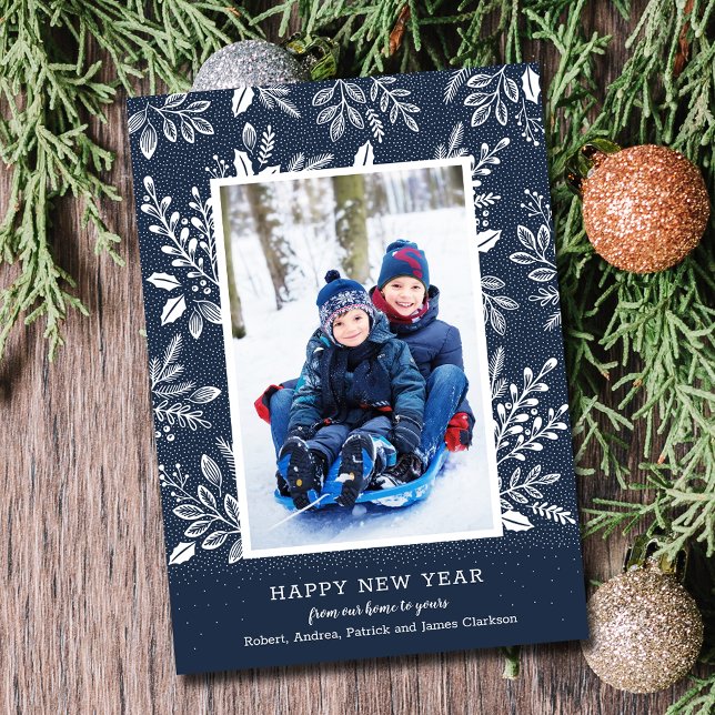 Blåfoto i gott nytt år julkort (Happy New Year Navy Blue Photo Holiday Cards - Order INSTANT DOWNLOAD and/or PRINTED or both!)