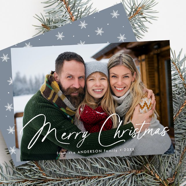 Blåfoto i Modern Namnteckning Isig i skript Julkort (Skapare uppladdad)