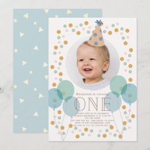 Blåfoto i Party Hat & Balloits 1:a födelsedag Inbjudningar