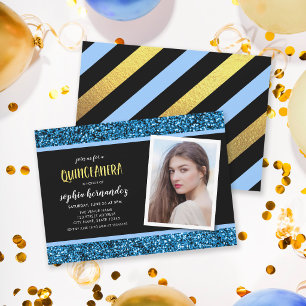Blåfoto-Quinceanera-inbjudan för Glitter Inbjudningar