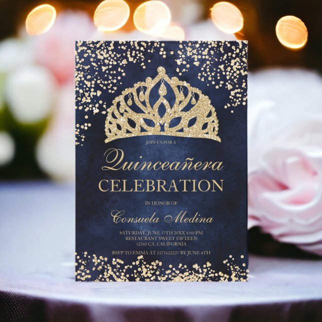 Blåfototiara Quinceañera guld glitter Inbjudningar (gold glitter navy blue photo tiara Quinceañera Invitation)