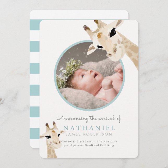 Blåfotsmeddelande om mamma & Baby Giraffe Blue Pho Inbjudningar (Fram/baksida)