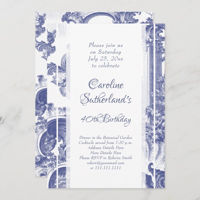 BlåFransk Baroque Toile-Födelsedagsfest Inbjudningar (Fram/baksida)