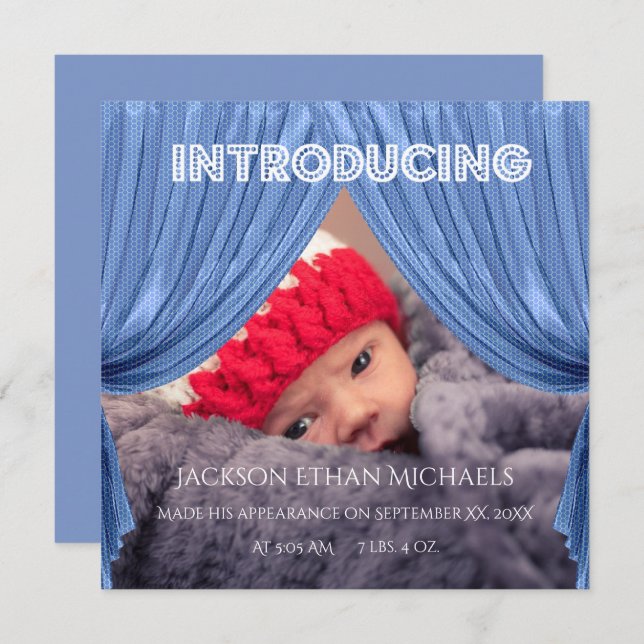 Blågardinducerande födelsemeddelande inbjudningar (Fram/baksida)