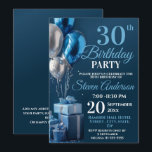 Blågåvor från 30års födelsedag inbjudningar<br><div class="desc">En snyggt blå ballong och en inbjudan till presentdesign för ett 30års födelsedag party firande. Blåfolie och silver-folie med blå och vit text. All text kan ändras efter behov för att uppfylla kraven i kostym party. Underbara inbjudan för alla åldrar och evenemang.</div>