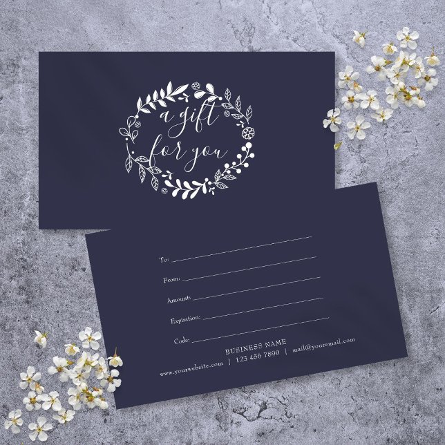 Blågåvsintyg för träskmark Garland Navy Visitkort (Woodland Garland Navy Blue Gift Certificate)