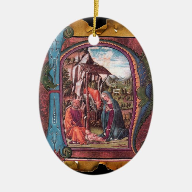 BlåGemstone-monogram för NATIVITY PARCHMENT Julgransprydnad Keramik (Framsidan)