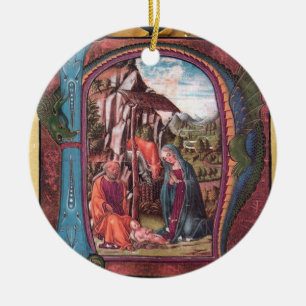 BlåGemstone-monogram för NATIVITY PARCHMENT Julgransprydnad Keramik